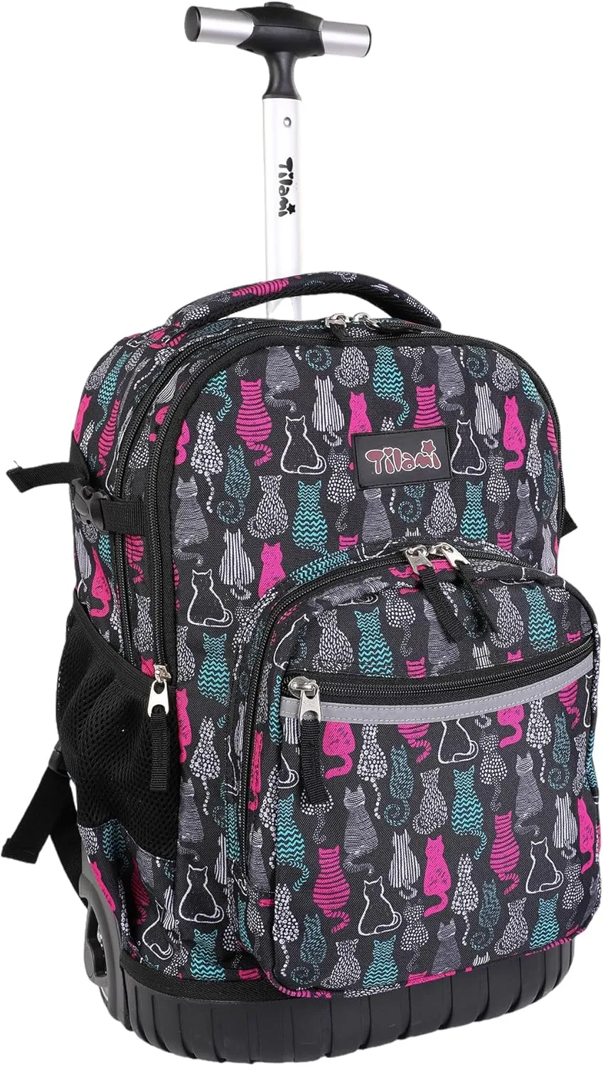 Tilami Rolling Backpack, 18 inch Shoulder Drop, Concealed Pockets and Wheel Cover, Laptop Backpack for Boys and Girls, Cat Black