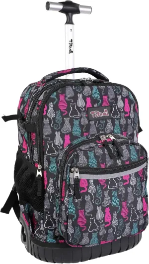 Tilami Rolling Backpack, 18 inch Shoulder Drop, Concealed Pockets and Wheel Cover, Laptop Backpack for Boys and Girls, Cat Black