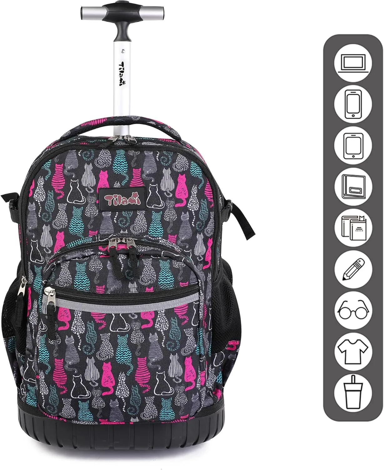Tilami Rolling Backpack, 18 inch Shoulder Drop, Concealed Pockets and Wheel Cover, Laptop Backpack for Boys and Girls, Cat Black