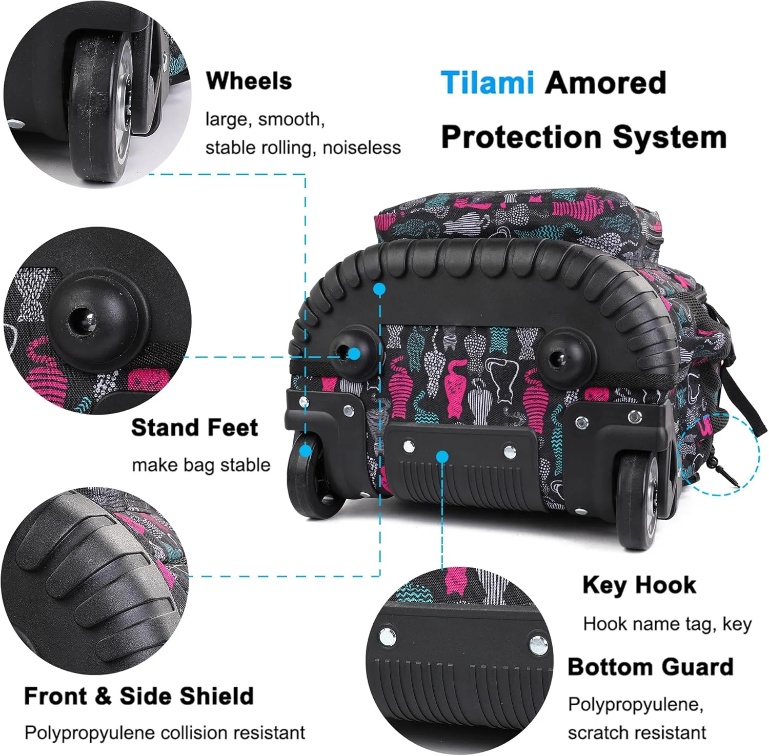 Tilami Rolling Backpack, 18 inch Shoulder Drop, Concealed Pockets and Wheel Cover, Laptop Backpack for Boys and Girls, Cat Black