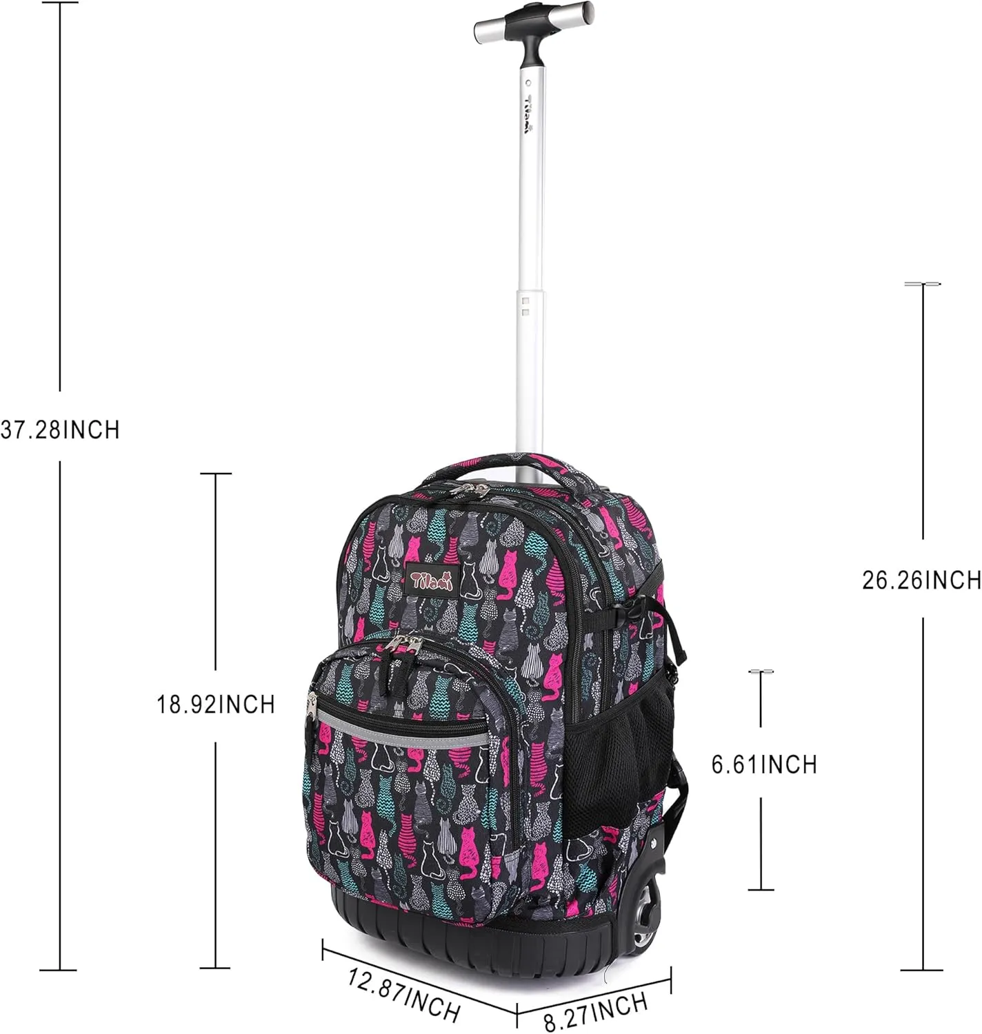 Tilami Rolling Backpack, 18 inch Shoulder Drop, Concealed Pockets and Wheel Cover, Laptop Backpack for Boys and Girls, Cat Black