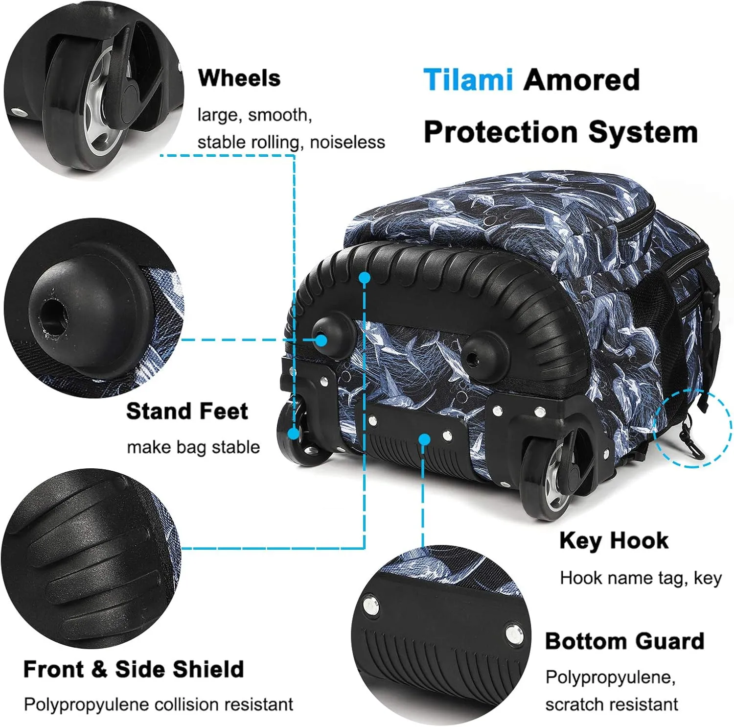 Tilami Rolling Backpack Armor Luggage School Travel Book Laptop 18 Inch Multifunction Wheeled Backpack Students
