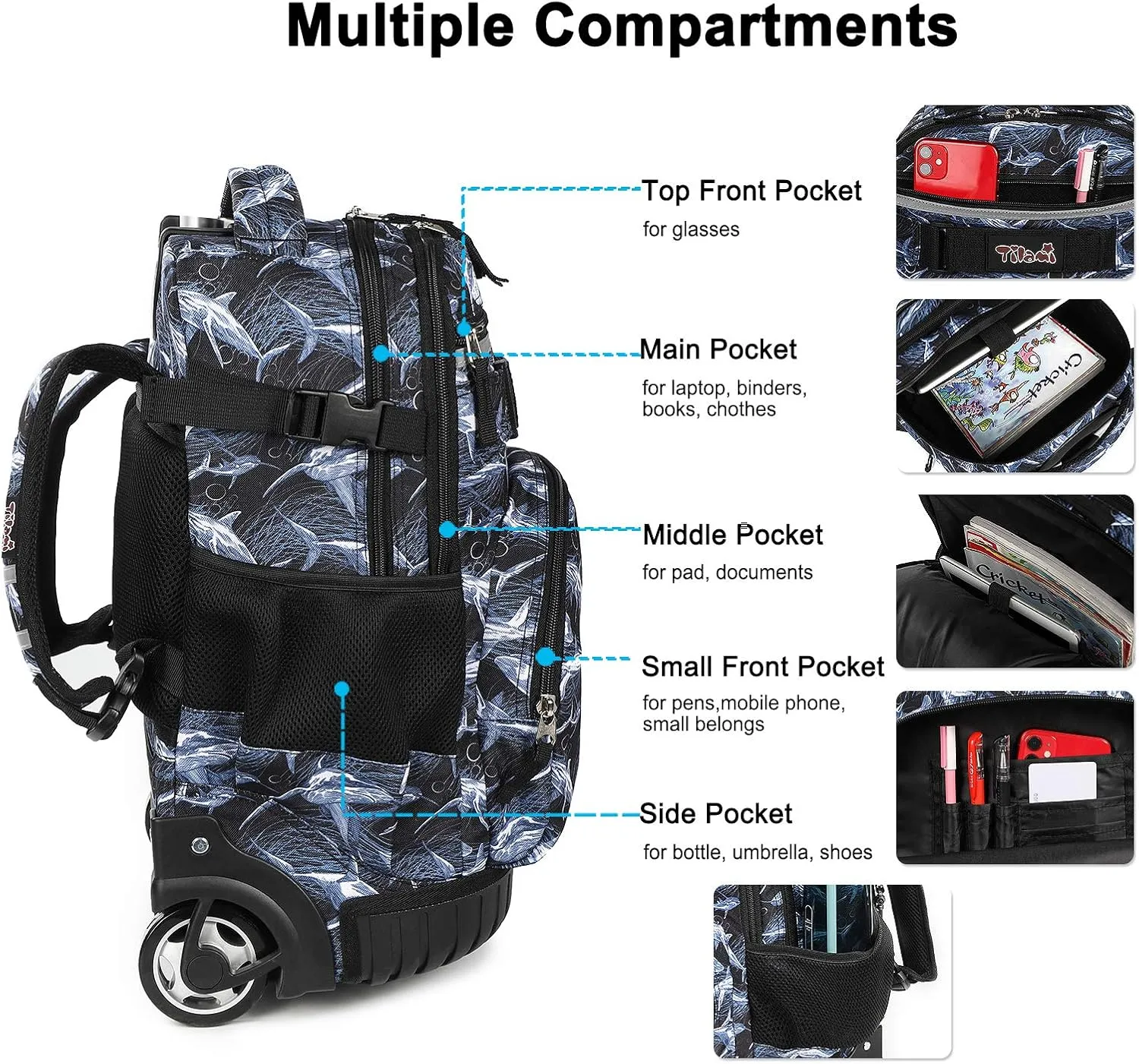 Tilami Rolling Backpack Armor Luggage School Travel Book Laptop 18 Inch Multifunction Wheeled Backpack Students