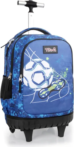 Tilami Rolling Backpack for Kids 18 Inch Wheeled Bookbag for Boys & Girls for School & Travel,Blue football