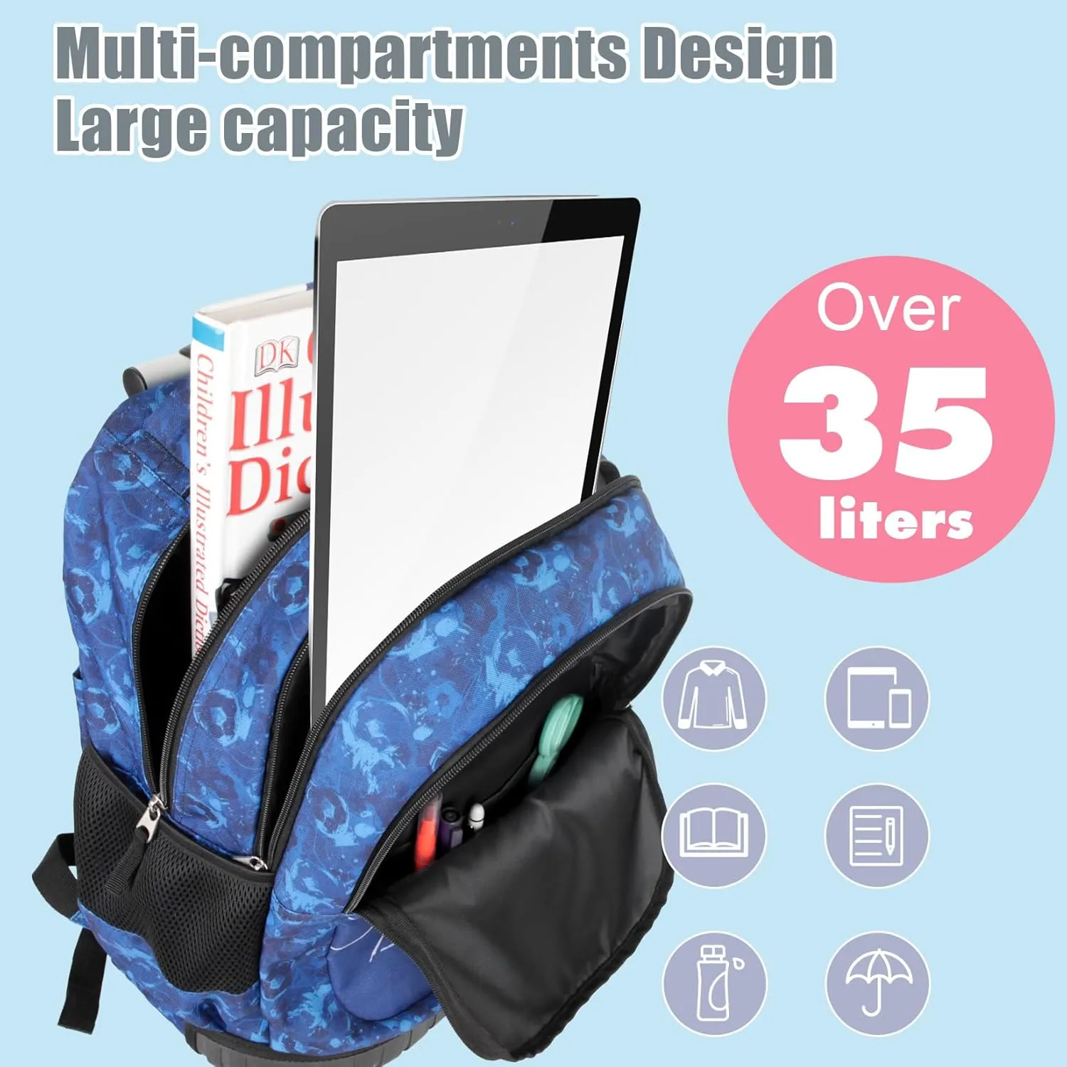 Tilami Rolling Backpack for Kids 18 Inch Wheeled Bookbag for Boys & Girls for School & Travel,Blue football