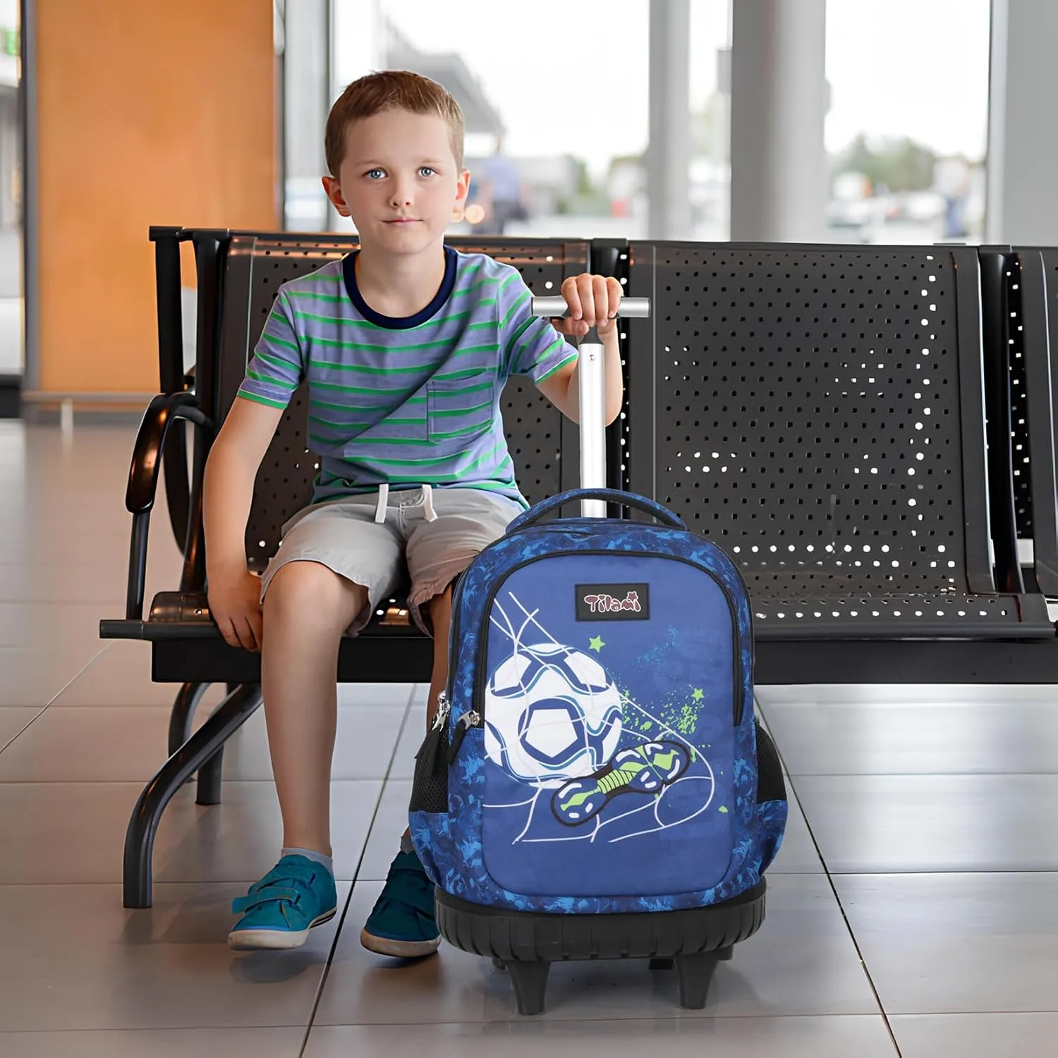 Tilami Rolling Backpack for Kids 18 Inch Wheeled Bookbag for Boys & Girls for School & Travel,Blue football