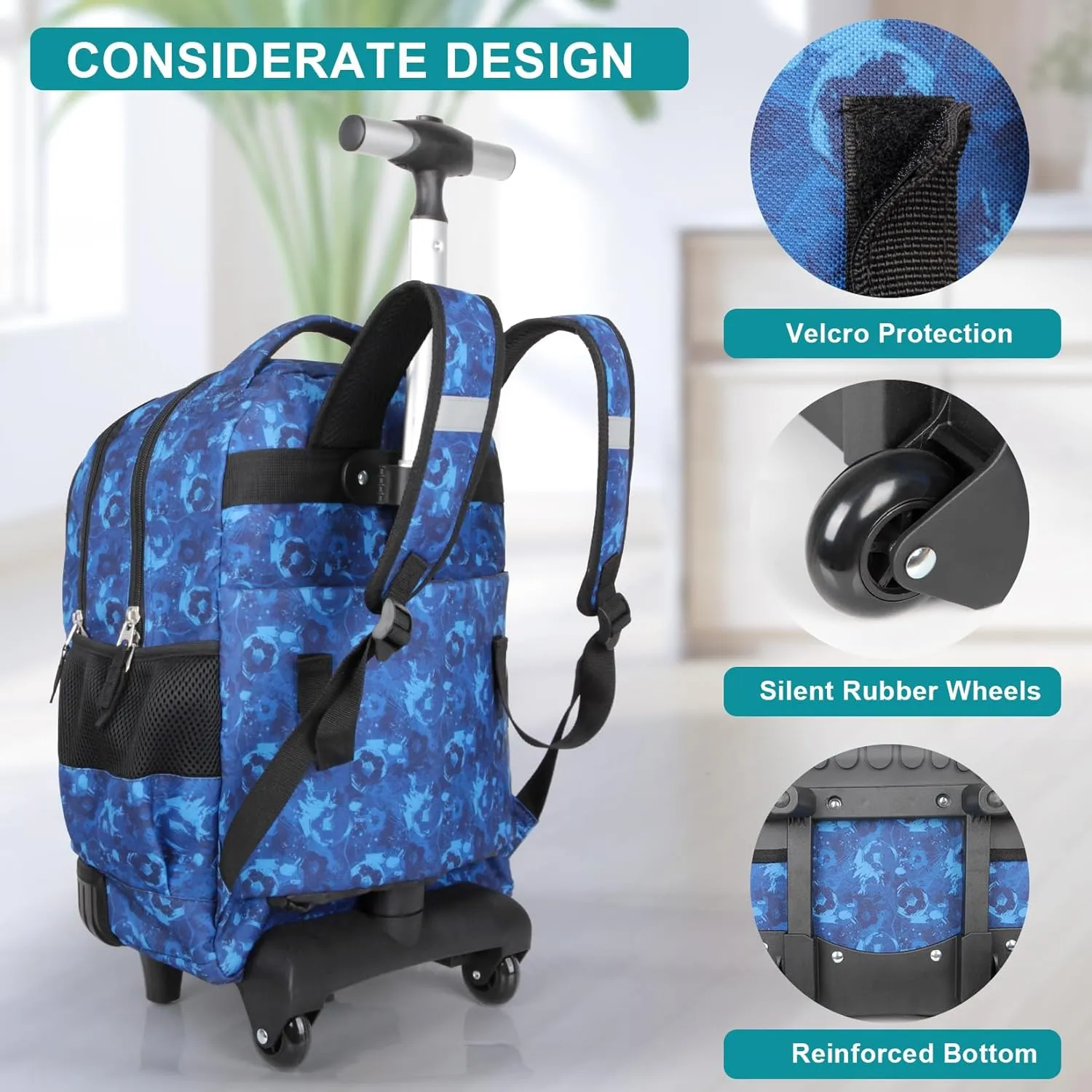Tilami Rolling Backpack for Kids 18 Inch Wheeled Bookbag for Boys & Girls for School & Travel,Blue football