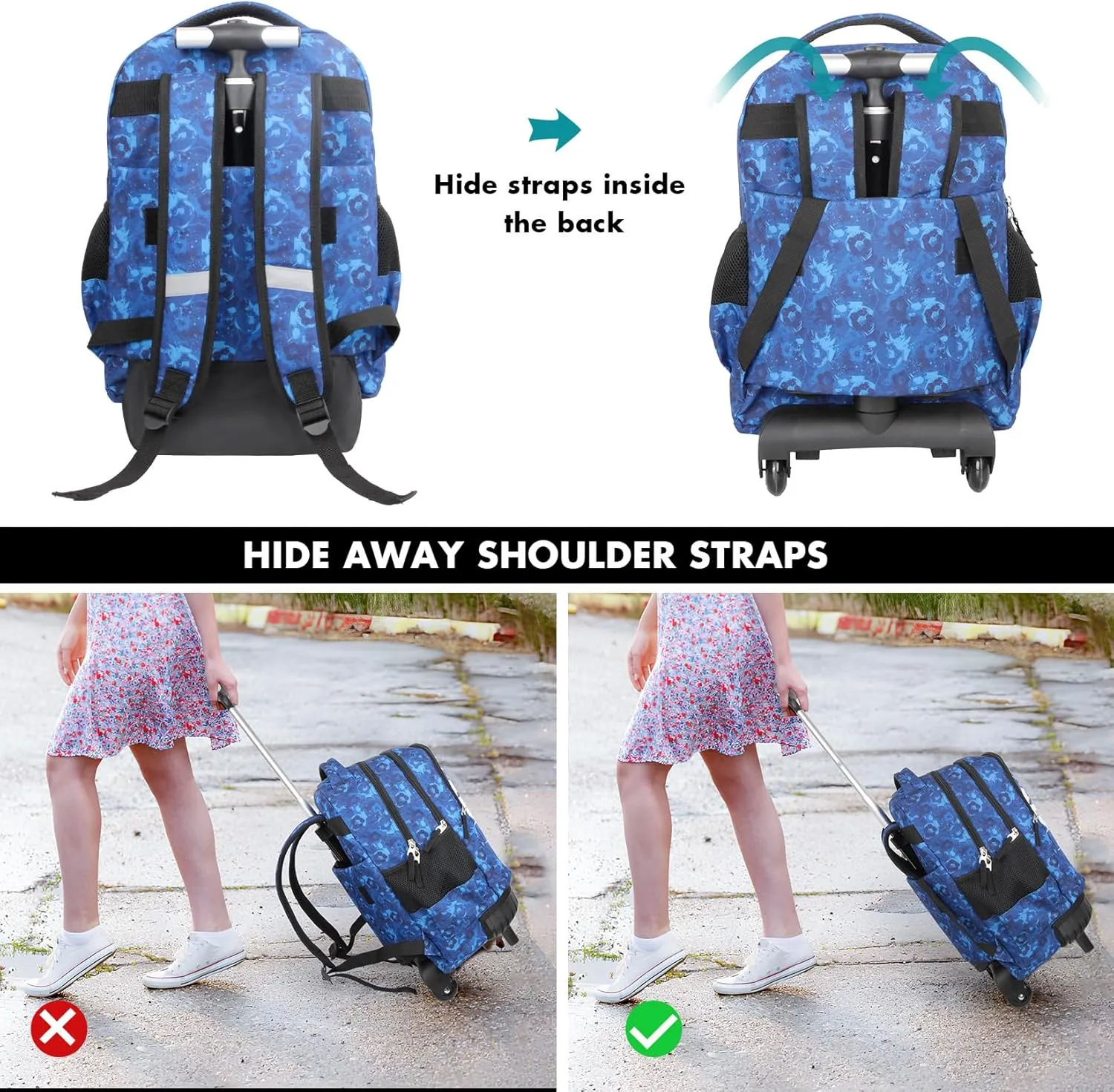 Tilami Rolling Backpack for Kids 18 Inch Wheeled Bookbag for Boys & Girls for School & Travel,Blue football