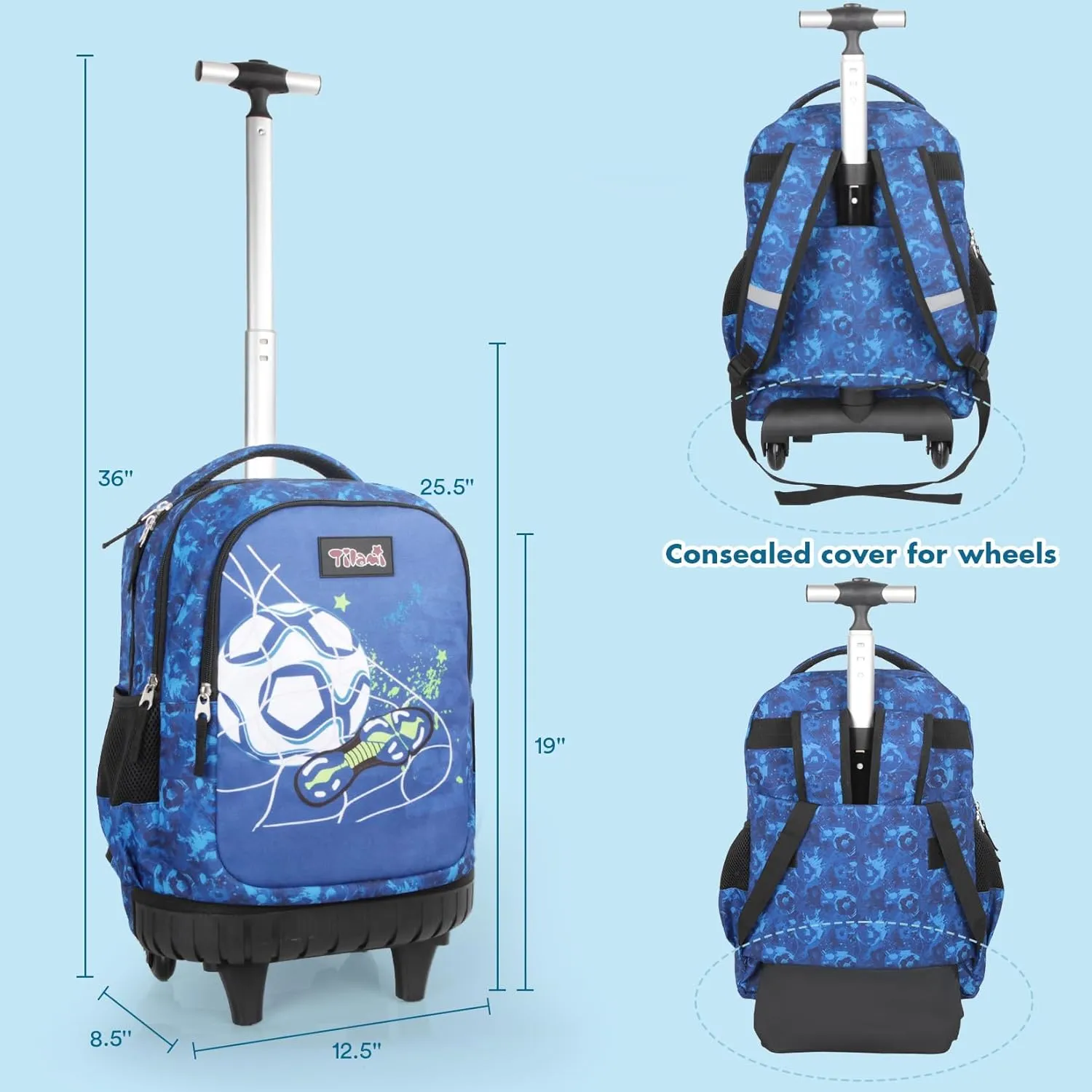 Tilami Rolling Backpack for Kids 18 Inch Wheeled Bookbag for Boys & Girls for School & Travel,Blue football