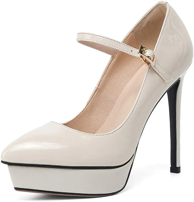 TinaCus Women's Patent Leather Pointed Toe Handmade Platform Stiletto Heels Trendy Pumps Shoes with Buckle Belt