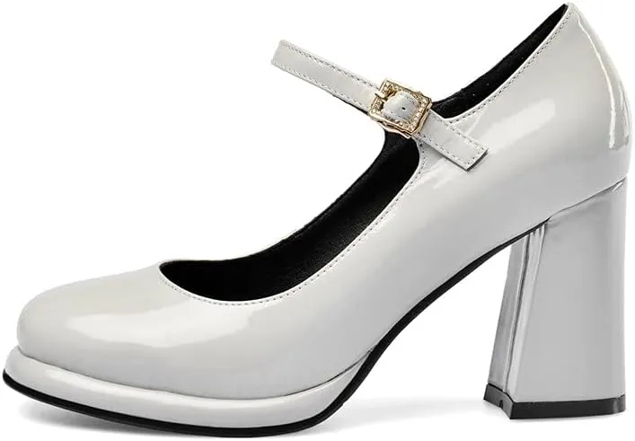 TinaCus Women's Patent Leather Rouns Toe Handmade Buckle Belt High Chunky Heel Trendy Pumps Shoes