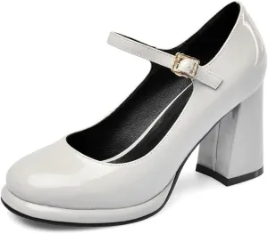 TinaCus Women's Patent Leather Rouns Toe Handmade Buckle Belt High Chunky Heel Trendy Pumps Shoes