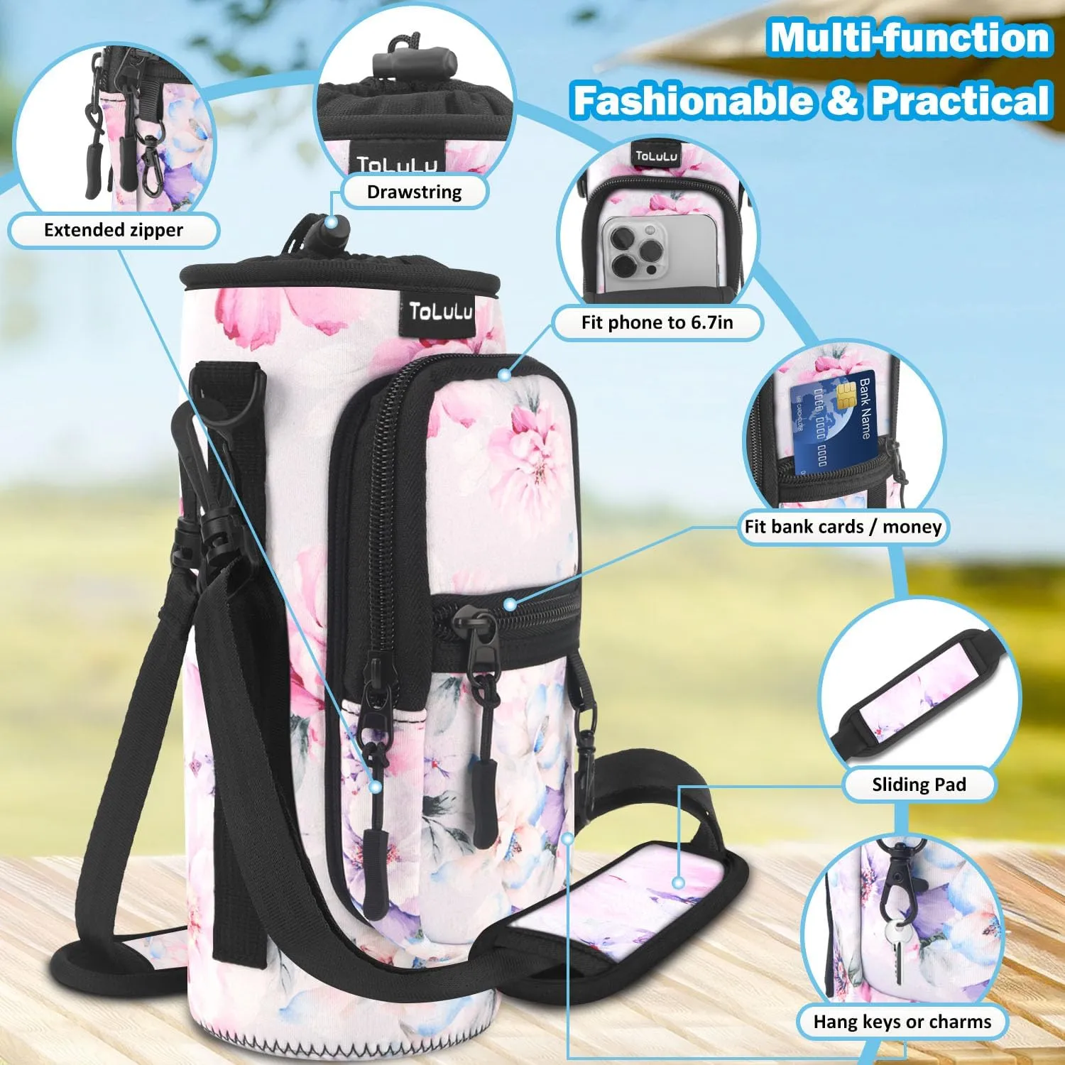 ToLuLu 25/32/40oz Water Bottle Carrier Bag Pocket,Insulated Neoprene Adjustable Shoulder Strap Water Bottle Pouch Case, Crossbody Water Bottle Holder Sling Sleeve for Men Women Adults