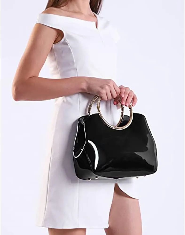 Top Handle Handbags Women Shiny Patent Leather Tote Bags Fashion Satchel Zipper Purse Shoulder Bag Evening Handbag