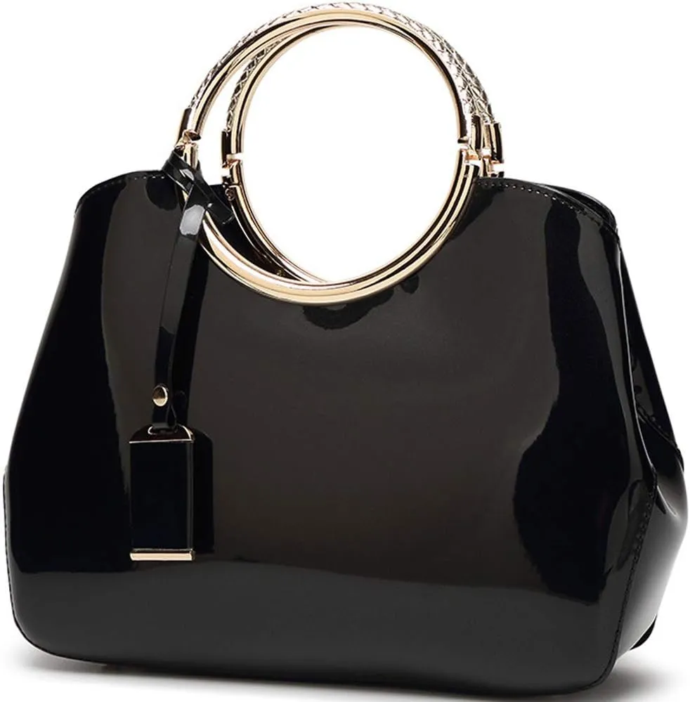 Top Handle Handbags Women Shiny Patent Leather Tote Bags Fashion Satchel Zipper Purse Shoulder Bag Evening Handbag