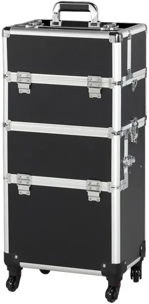 Topeakmart 3 In 1 Aluminum Professional Rolling Cosmetic Case, Beauty Storage Trolley, Make Up Storage Organizer, Makeup Travel Case - With Wheels, Folding Trays and Large Compartments - Black