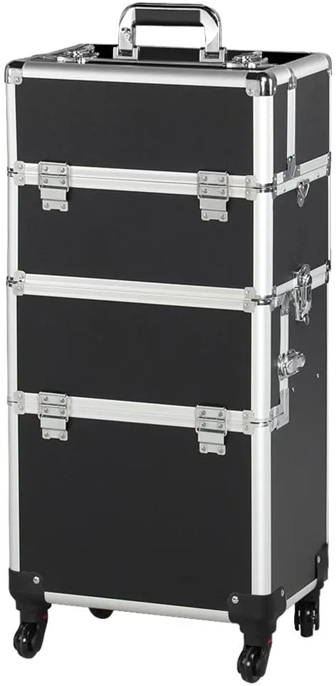Topeakmart 3 In 1 Aluminum Professional Rolling Cosmetic Case, Beauty Storage Trolley, Make Up Storage Organizer, Makeup Travel Case - With Wheels, Folding Trays and Large Compartments - Black