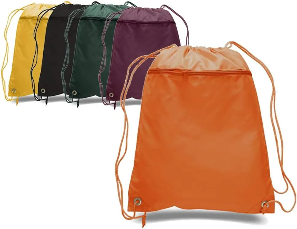 ToteBagFactory (12 Pack) Set of 12- Economical Drawstring Polyester Backpack with Front Pocket