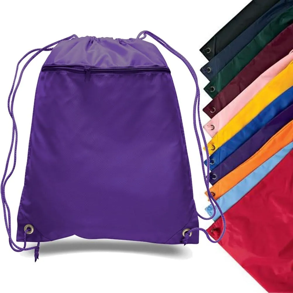 ToteBagFactory (12 Pack) Set of 12- Economical Drawstring Polyester Backpack with Front Pocket