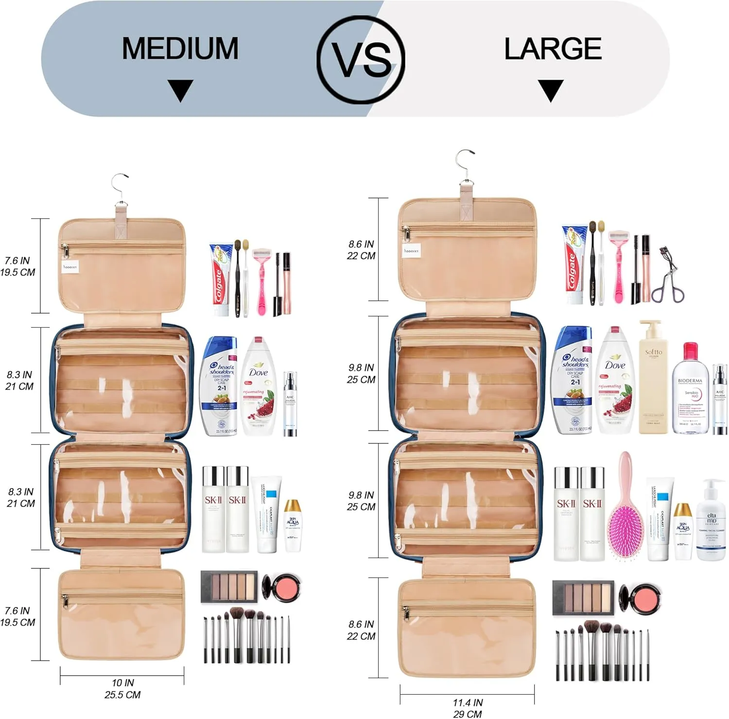 Travel Hanging Toiletry Bag for Women, Extra Large Makeup Bag, Holds Full-Size Shampoo, with Jewelry Organizer Compartment, Waterproof Cosmetic Bag, Toiletries Kit Set with Trolley Belt, Navy Blue