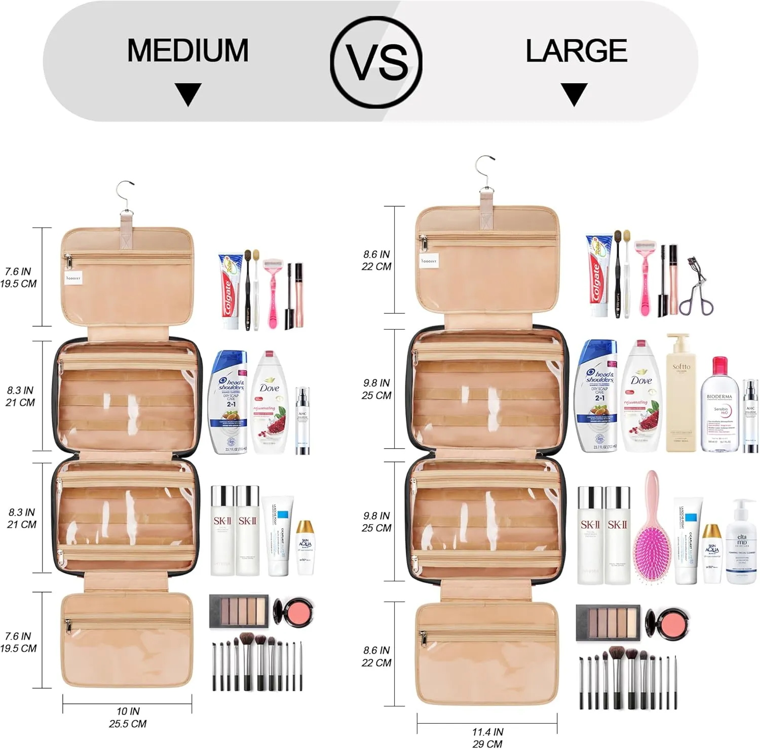 Travel Hanging Toiletry Bag for Women, Holds Full-Size Shampoo, with Jewelry Organizer Compartment, Extra Large Makeup Bag, Waterproof Cosmetic Bag, Toiletries Kit Set with Trolley Belt, Black