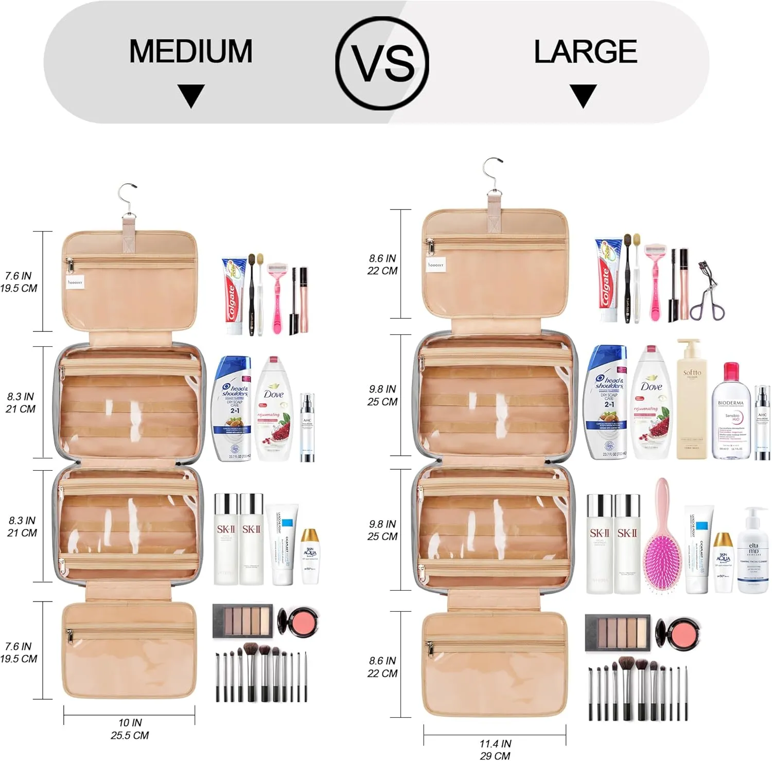 Travel Hanging Toiletry Bag for Women, Holds Full-Size Shampoo, with Jewelry Organizer Compartment, Extra Large Makeup Bag, Waterproof Cosmetic Bag, Toiletries Kit Set with Trolley Belt, Grey