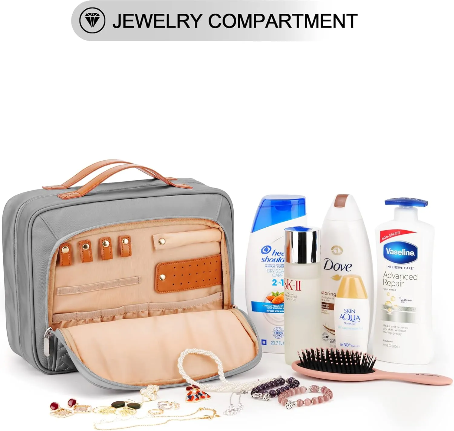 Travel Hanging Toiletry Bag for Women, Holds Full-Size Shampoo, with Jewelry Organizer Compartment, Extra Large Makeup Bag, Waterproof Cosmetic Bag, Toiletries Kit Set with Trolley Belt, Grey