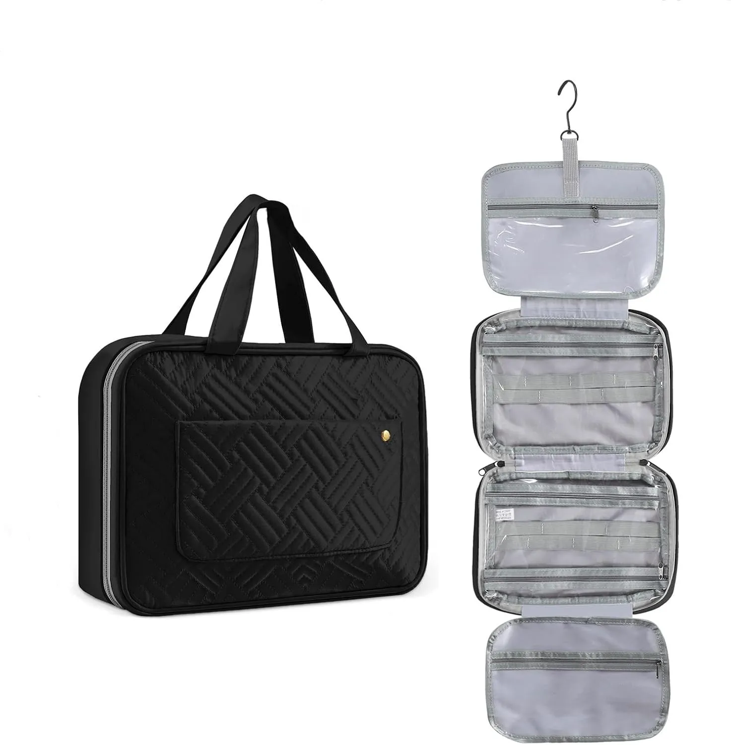 Travel Toiletry Bag for Women, Waterproof Cosmetic Travel Organizer, 4 Compartments, Hanging Makeup Cosmetic Bag for Accessories, Full-Sized Shampoo, Conditioner, Travel Size Toiletries (Black)