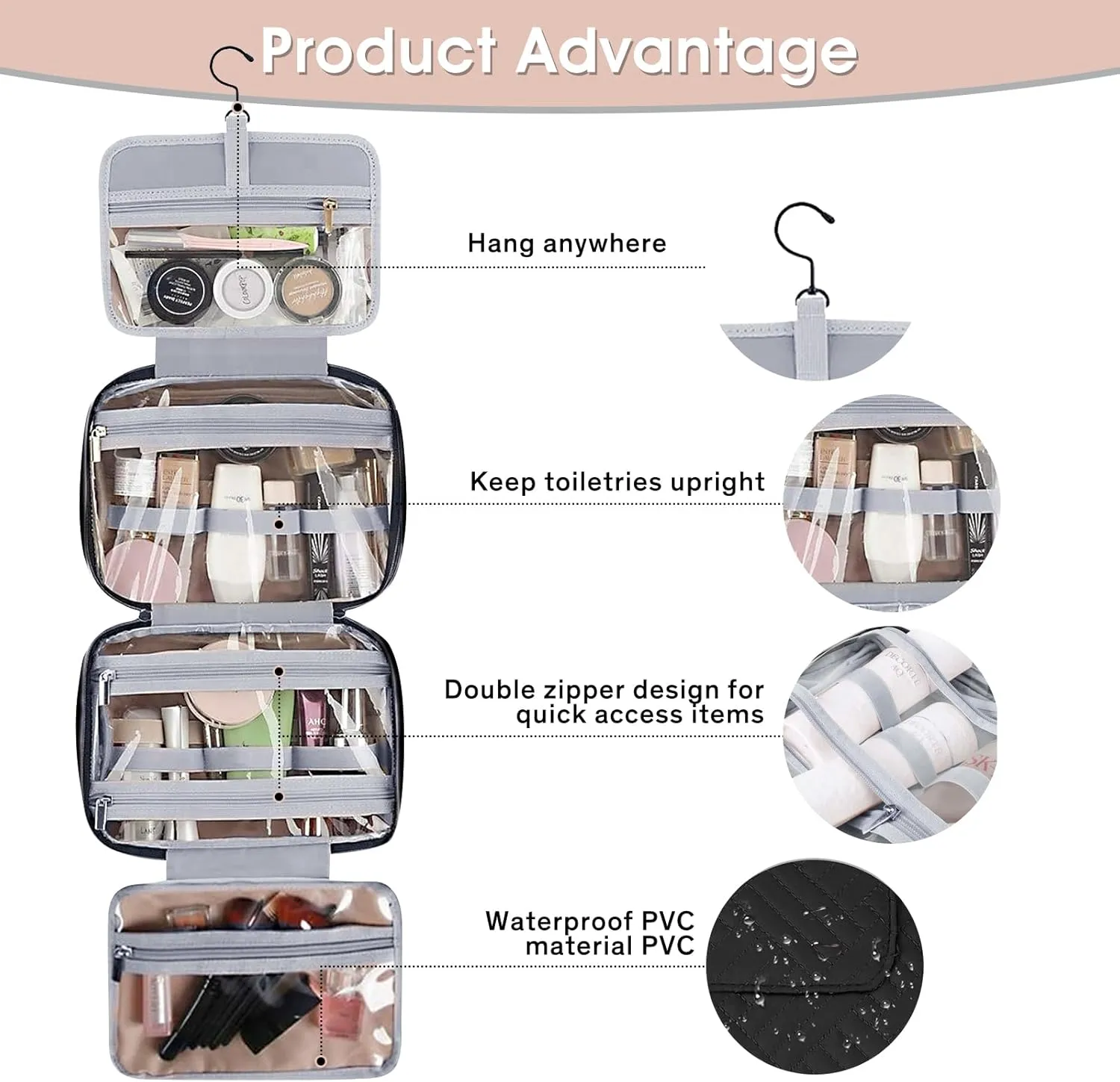 Travel Toiletry Bag for Women, Waterproof Cosmetic Travel Organizer, 4 Compartments, Hanging Makeup Cosmetic Bag for Accessories, Full-Sized Shampoo, Conditioner, Travel Size Toiletries (Black)
