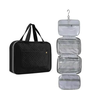 Travel Toiletry Bag for Women, Waterproof Cosmetic Travel Organizer, 4 Compartments, Hanging Makeup Cosmetic Bag for Accessories, Full-Sized Shampoo, Conditioner, Travel Size Toiletries (Black)