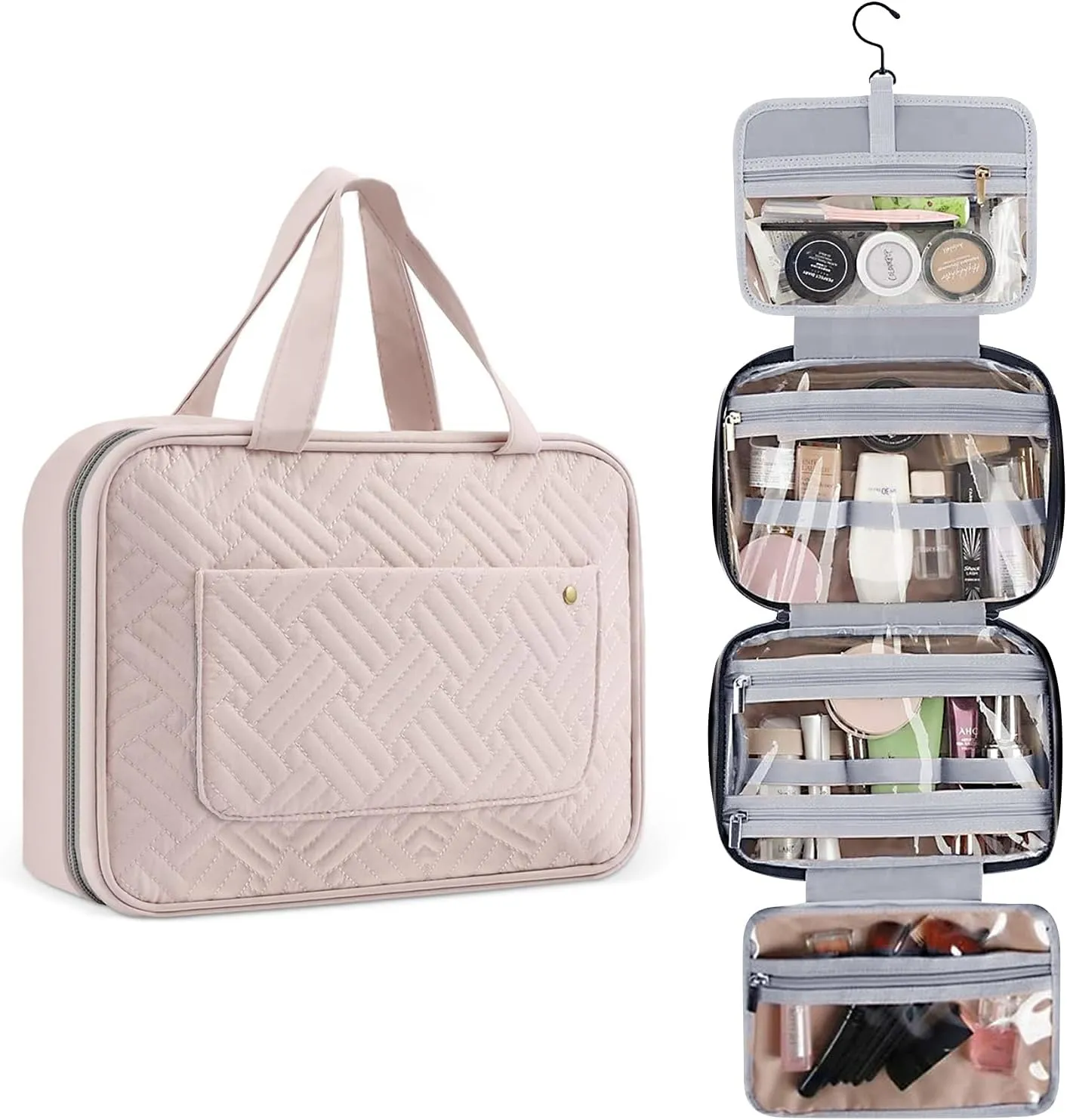 Travel Toiletry Bag for Women, Waterproof Cosmetic Travel Organizer, 4 Compartments, Hanging Makeup Cosmetic Bag for Accessories, Full-Sized Shampoo, Conditioner, Travel Size Toiletries (Pink)