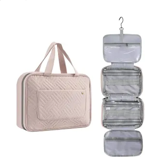 Travel Toiletry Bag for Women, Waterproof Cosmetic Travel Organizer, 4 Compartments, Hanging Makeup Cosmetic Bag for Accessories, Full-Sized Shampoo, Conditioner, Travel Size Toiletries (Pink)