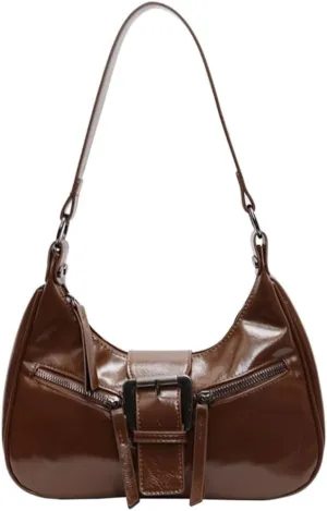 Trendy PU Leather Shoulder Bag for Women Elegant Metal Buckled Underarm Bag Zippered Crossbody Satchel Purse Handbag
