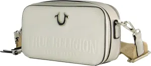True Religion Camera Bag, Women's Mini Shoulder Handbag with Embossed Logo and Adjustable Shoulder Strap, White