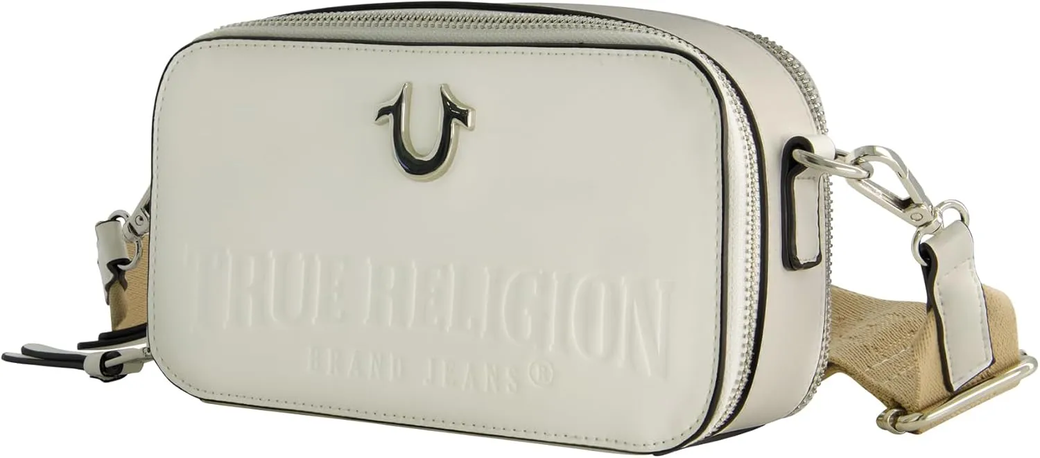 True Religion Camera Bag, Women's Mini Shoulder Handbag with Embossed Logo and Adjustable Shoulder Strap, White