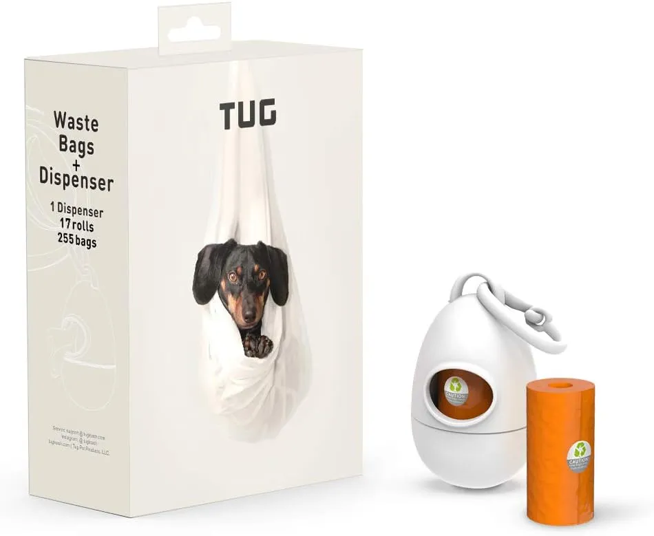 TUG Dog Waste Bag Dispenser with Dog Poop Bags, 17 Rolls (255 Bags), 15 Bags Per Roll, With White Dispenser
