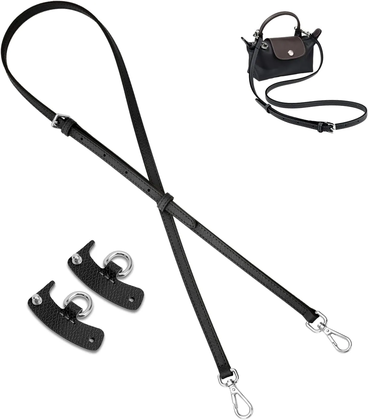 TUKYWAN Bag Straps for Longchamp Bag, Leather Purse Straps Adjustable for Mini Bag Handbag Crossbody Modification, Replacement Shoulder Straps Bag Transformation Set fit Le Pliage Mini