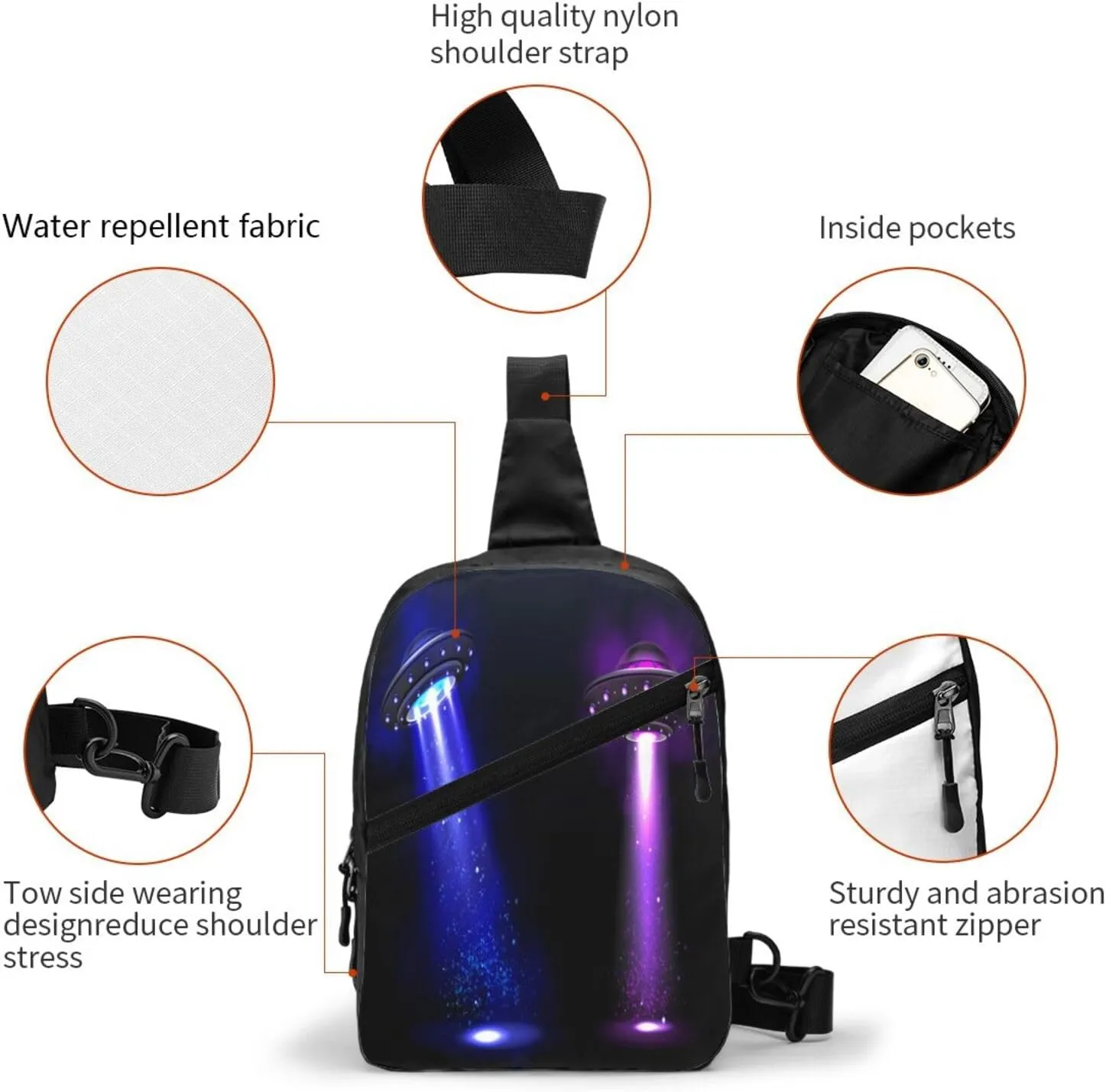 Ufo Alien Space Ships Sling Bag for Men Women, Small Crossbody Sling Backpack Shoulder Chest Bag, Anti Theft Travel Hiking Sports