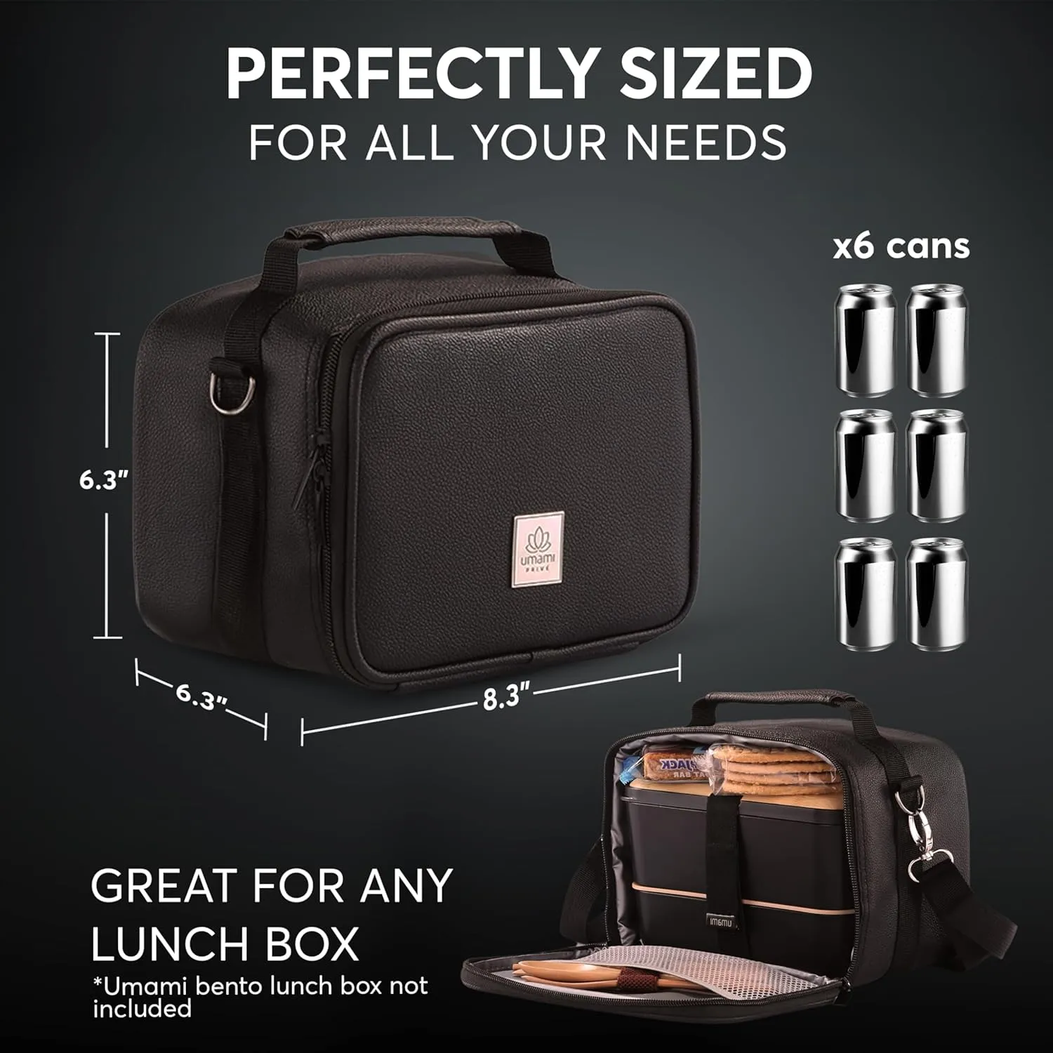 Umami Adult Lunch Box for Women/Men, Premium Vegan Leather Small Insulated Bag, Perfect Capacity, Reusable & Easy to Clean Office Lunch Bag for Women/Men, Cute & Practical Cooler Tote, Deep Black
