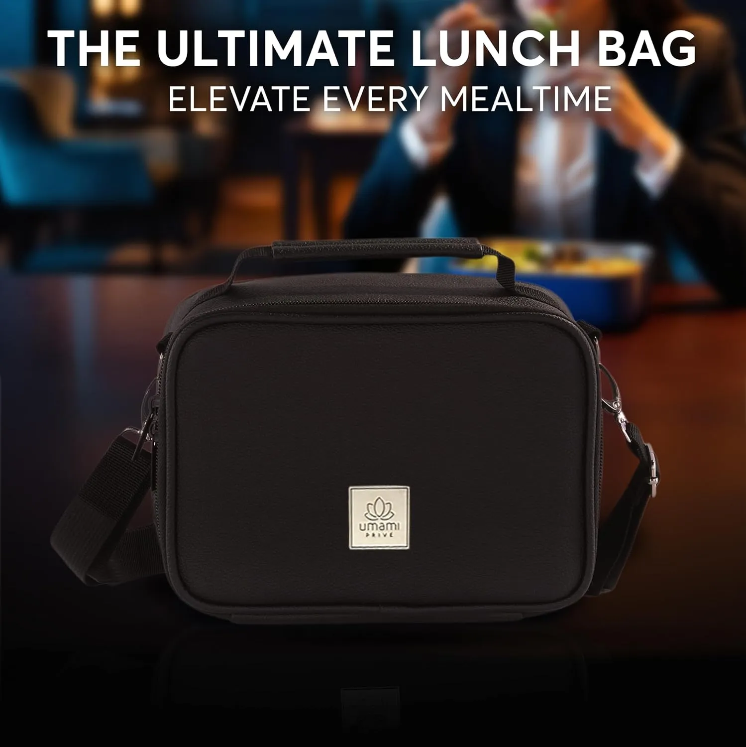 Umami Adult Lunch Box for Women/Men, Premium Vegan Leather Small Insulated Bag, Perfect Capacity, Reusable & Easy to Clean Office Lunch Bag for Women/Men, Cute & Practical Cooler Tote, Deep Black