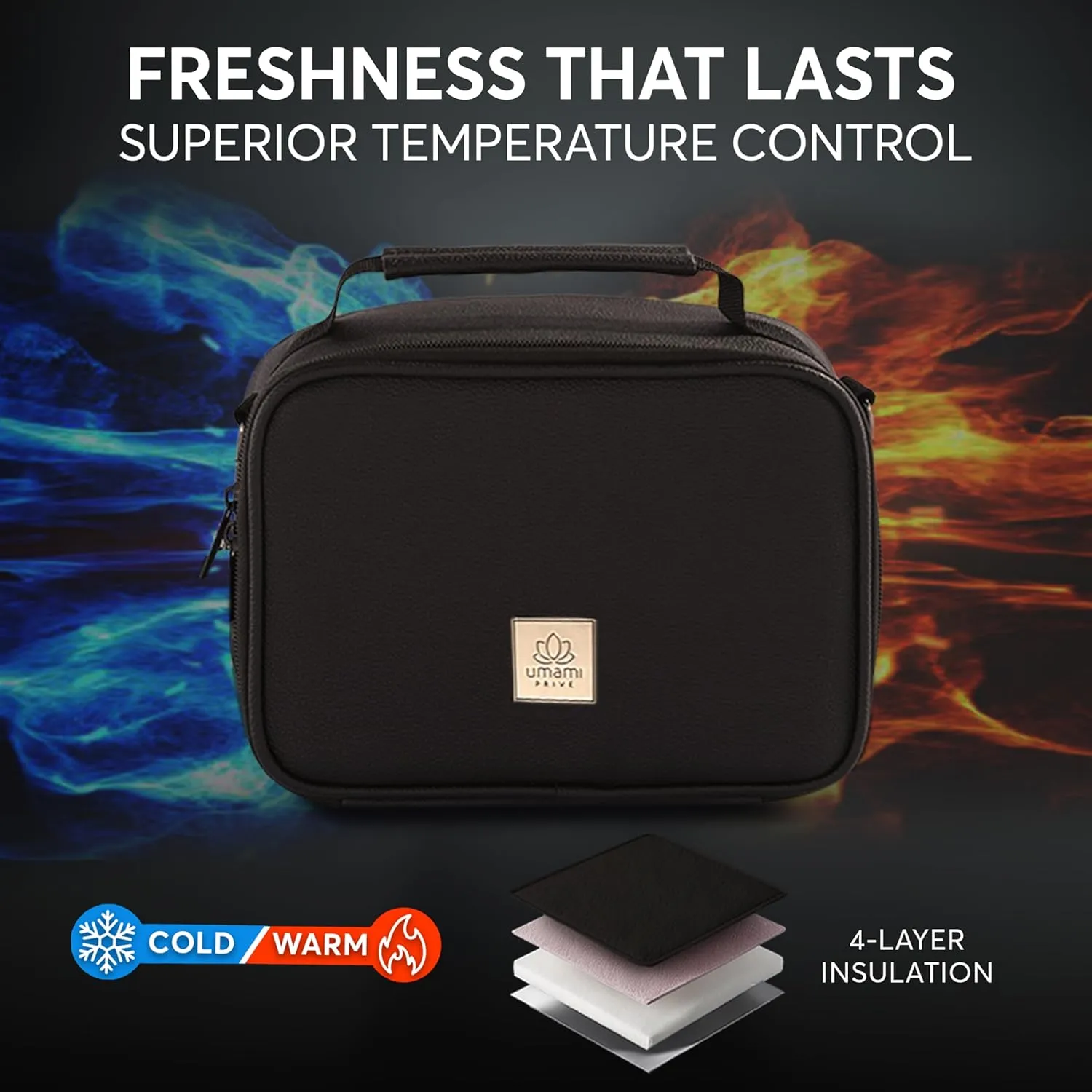 Umami Adult Lunch Box for Women/Men, Premium Vegan Leather Small Insulated Bag, Perfect Capacity, Reusable & Easy to Clean Office Lunch Bag for Women/Men, Cute & Practical Cooler Tote, Deep Black