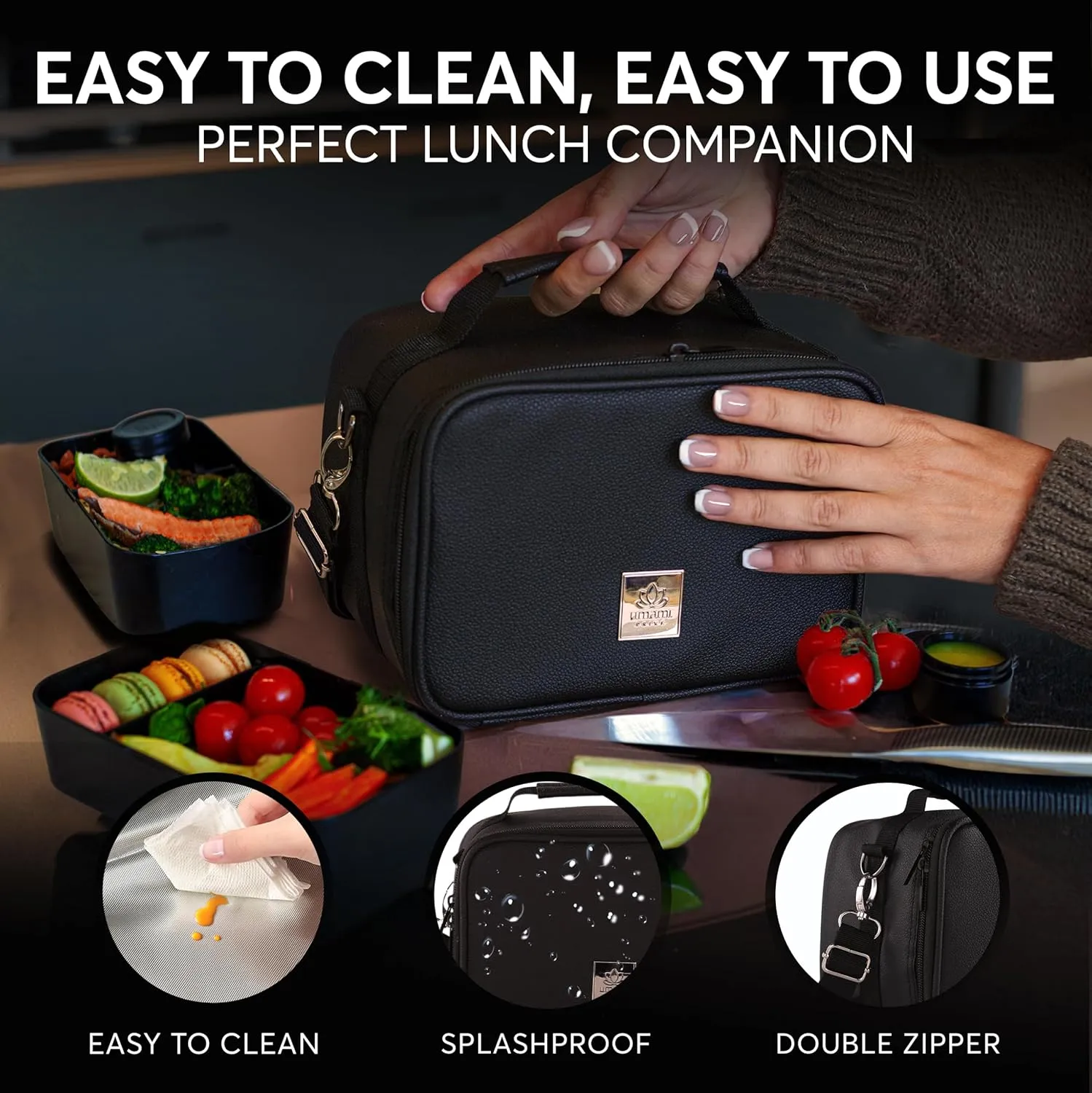 Umami Adult Lunch Box for Women/Men, Premium Vegan Leather Small Insulated Bag, Perfect Capacity, Reusable & Easy to Clean Office Lunch Bag for Women/Men, Cute & Practical Cooler Tote, Deep Black
