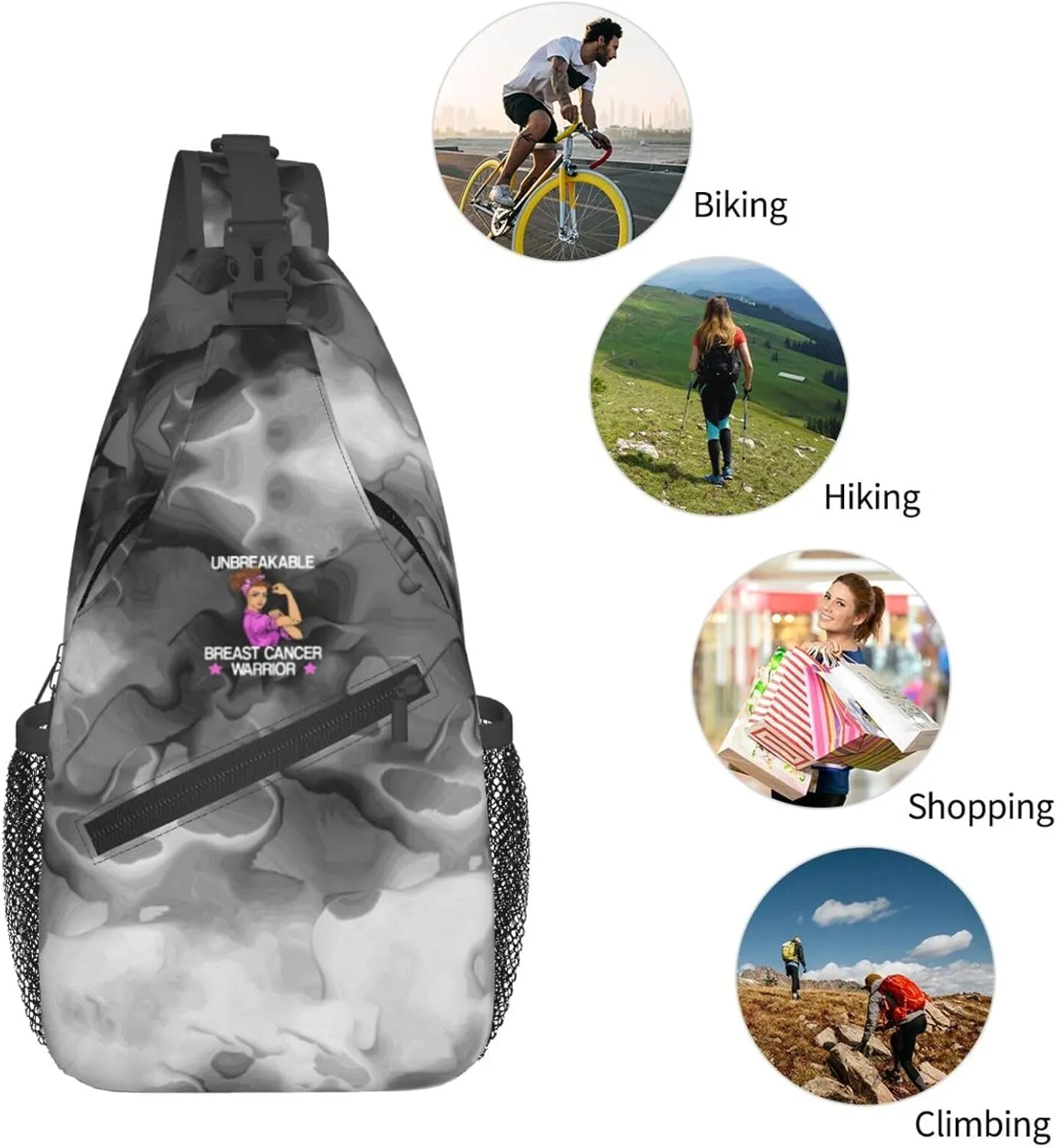 Unbreakable Breast Cancer Warrior Sling Bag Crossbody Backpack Shoulder Casual Daypack Bag for Men Women