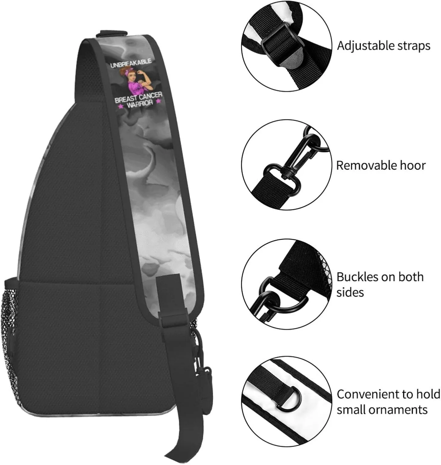 Unbreakable Breast Cancer Warrior Sling Bag Crossbody Backpack Shoulder Casual Daypack Bag for Men Women