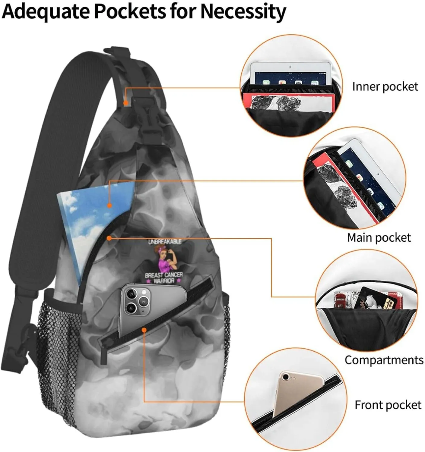 Unbreakable Breast Cancer Warrior Sling Bag Crossbody Backpack Shoulder Casual Daypack Bag for Men Women