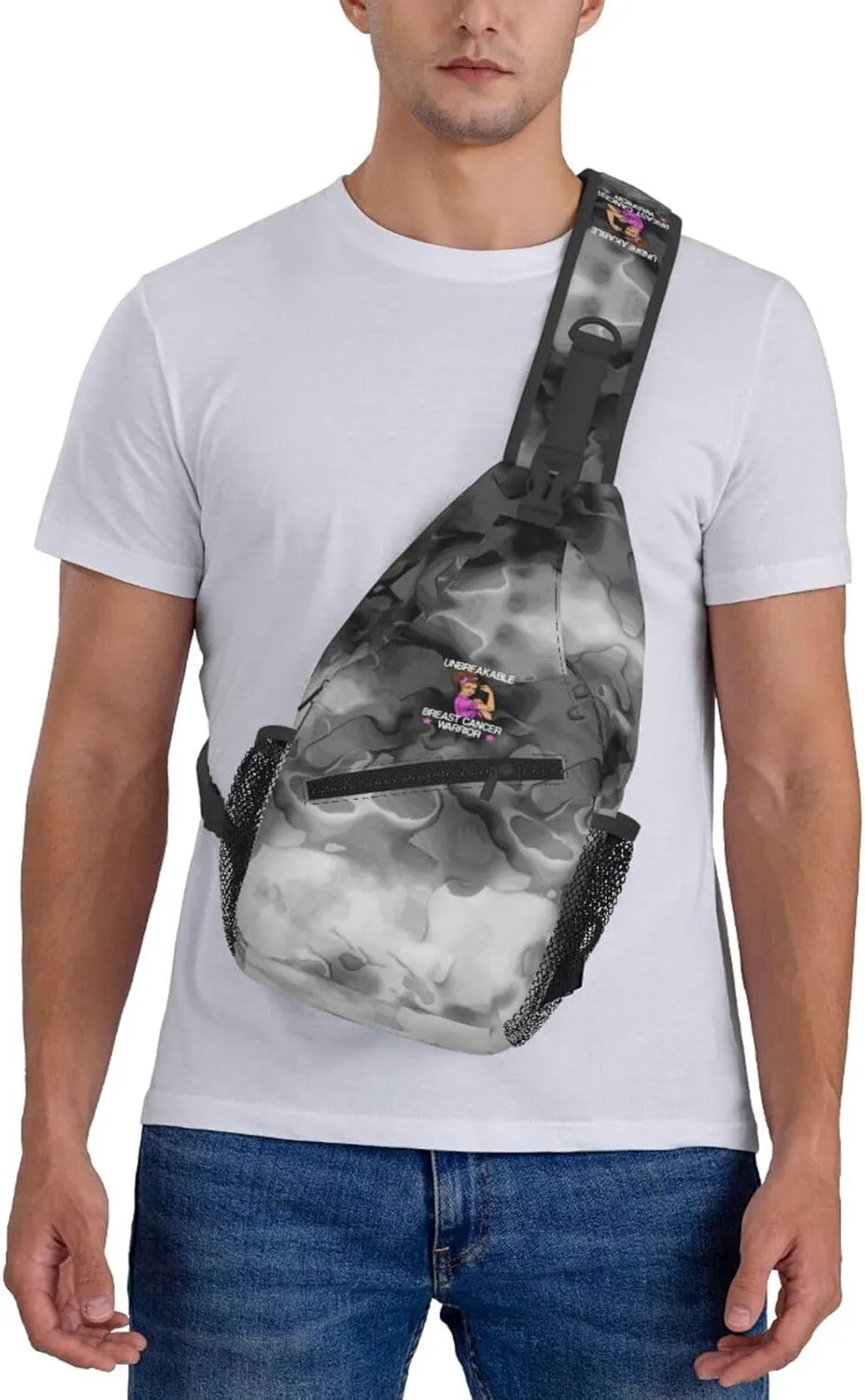 Unbreakable Breast Cancer Warrior Sling Bag Crossbody Backpack Shoulder Casual Daypack Bag for Men Women