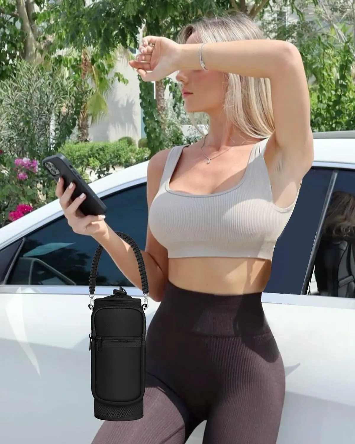 Under 32 oz Water Bottle Holder Bag with Strap - Crossbody & Woven Handle Sling for Carrier Walking with Phone Pocket