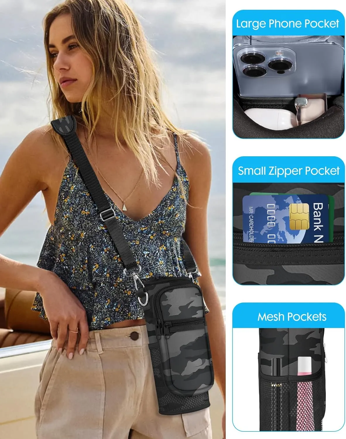 Under 32 oz Water Bottle Holder Bag with Strap - Crossbody & Woven Handle Sling for Carrier Walking with Phone Pocket