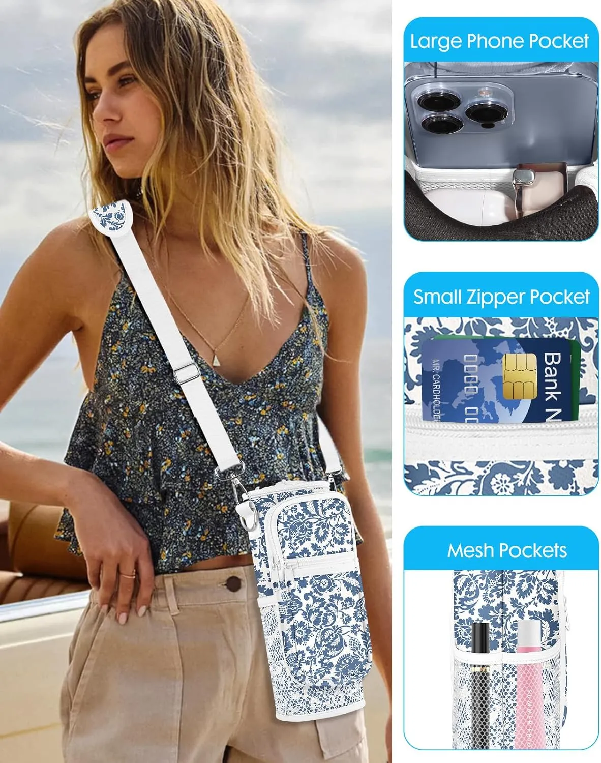 Under 32 oz Water Bottle Holder Bag with Strap - Crossbody & Woven Handle Sling for Carrier Walking with Phone Pocket