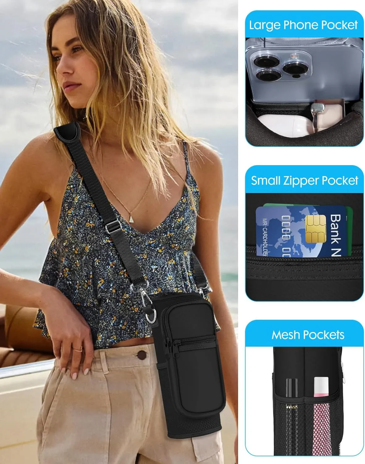 Under 32 oz Water Bottle Holder Bag with Strap - Crossbody & Woven Handle Sling for Carrier Walking with Phone Pocket